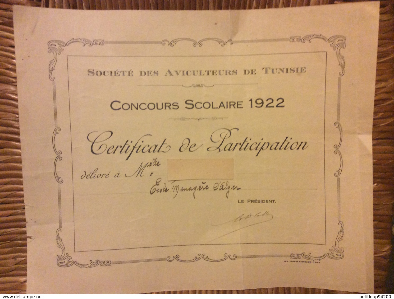 SOCIETE DES AVICULTEURS DE TUNISIE Concours Scolaire 1922 CERTIFICAT DE PARTICIPATION École Ménagère D’Alger - Diplômes & Bulletins Scolaires