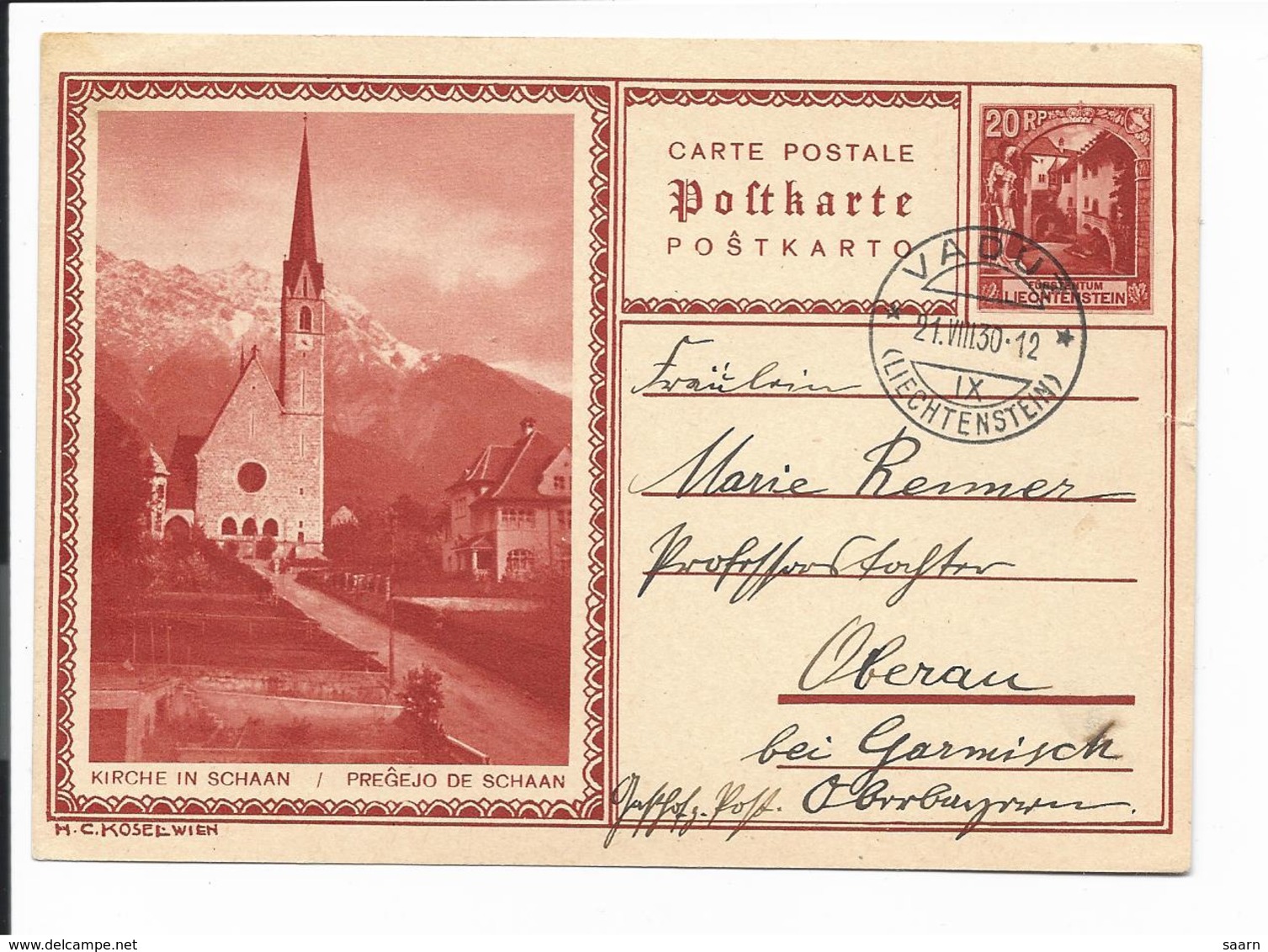 Liechtenstein P 10-02  -  20 Rp  Bildpostkarte Schaan Von Vaduz Nach Oberau/Garmisch Gelaufen - Postwaardestukken