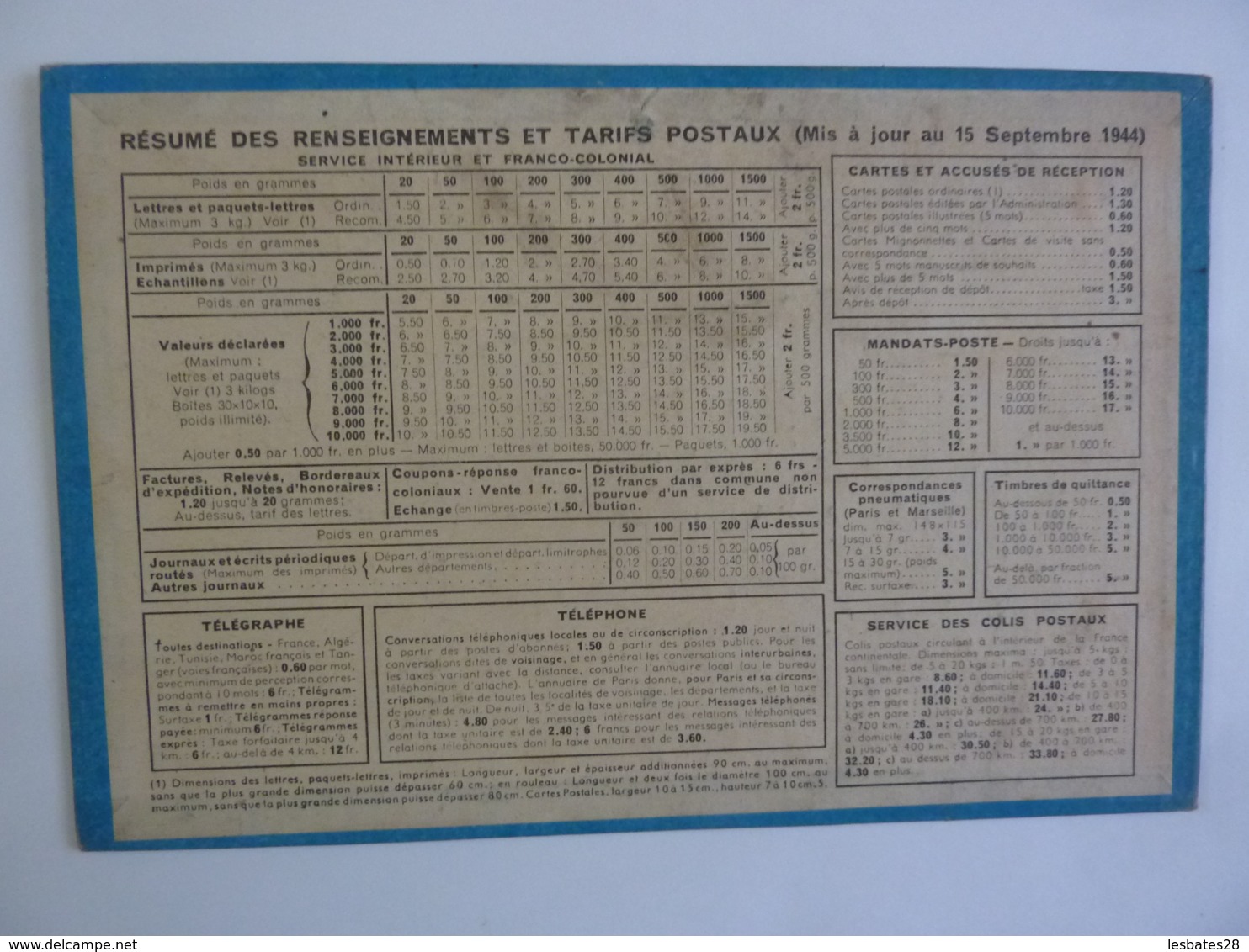 ALMANACH 1945 CALENDRIER  DES POSTES P T T     TARIFAIRE - Imp OLLER -Puteaux  Chem 3-11 - Grand Format : 1941-60