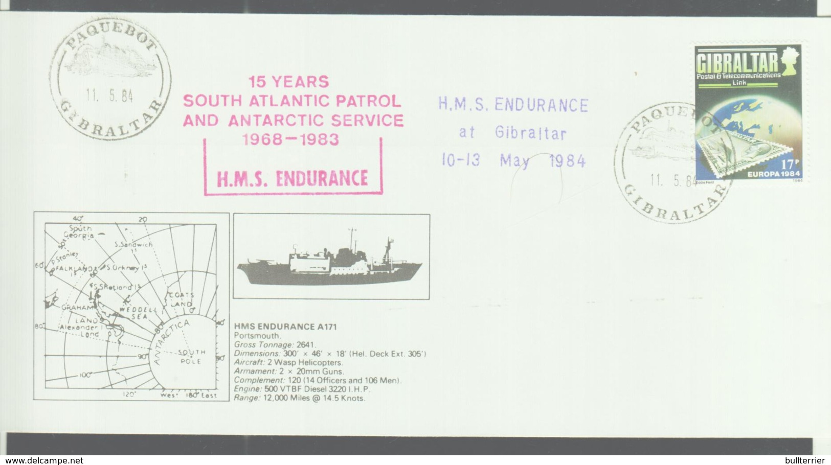 GIBRALTAR - 1984 - PACQUEBOT COVER HMS ENDURANCEAT GIBRALTAR  CACHET - Gibraltar