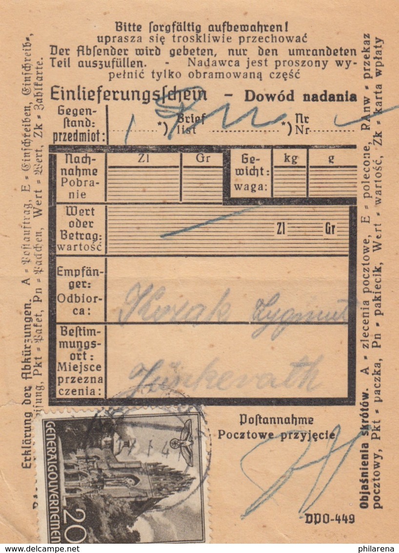 GG Formular: Einlieferungsschein DPO 449 (3.41), 20 Gr. EF, Krakau - Besetzungen 1938-45