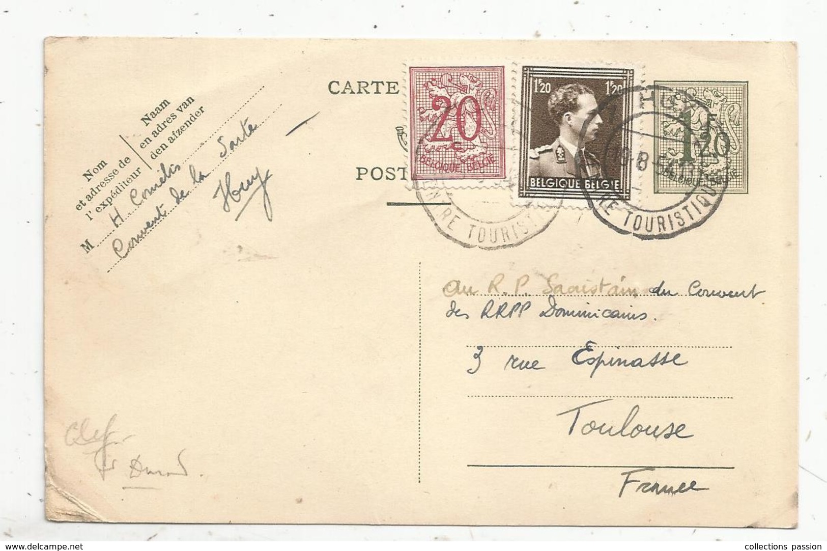 Sur Carte Postale, 1954 , Belgique , HUY , Centre Touristique,  + 2 Timbres - Cartes Postales 1951-..