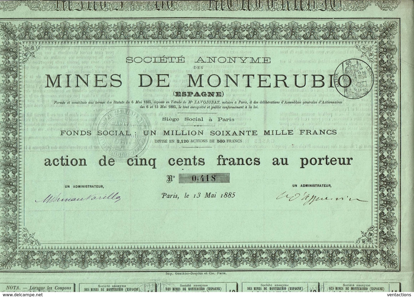 ESPAGNE-MINES DE MONTERUBIO. Action De 1885 - Autres & Non Classés