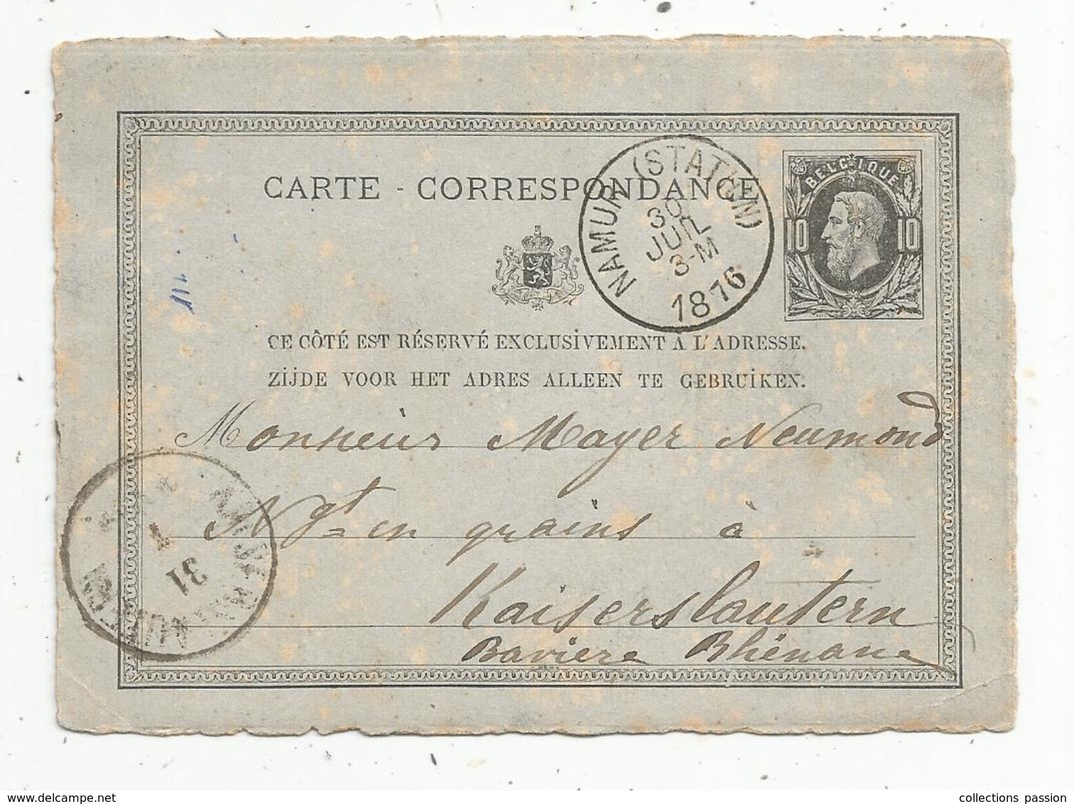 Sur Carte Correspondance , 1876 , Belgique , NAMUR STATION - Cartes Postales 1871-1909