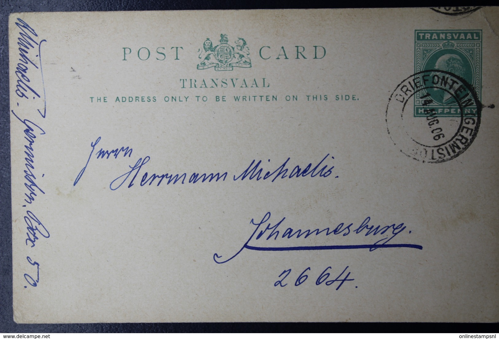Transvaal Postcard DREIFONTEIN -> GERMISTON -> JOHANNESBURG 14-8-1906 - Transvaal (1870-1909)