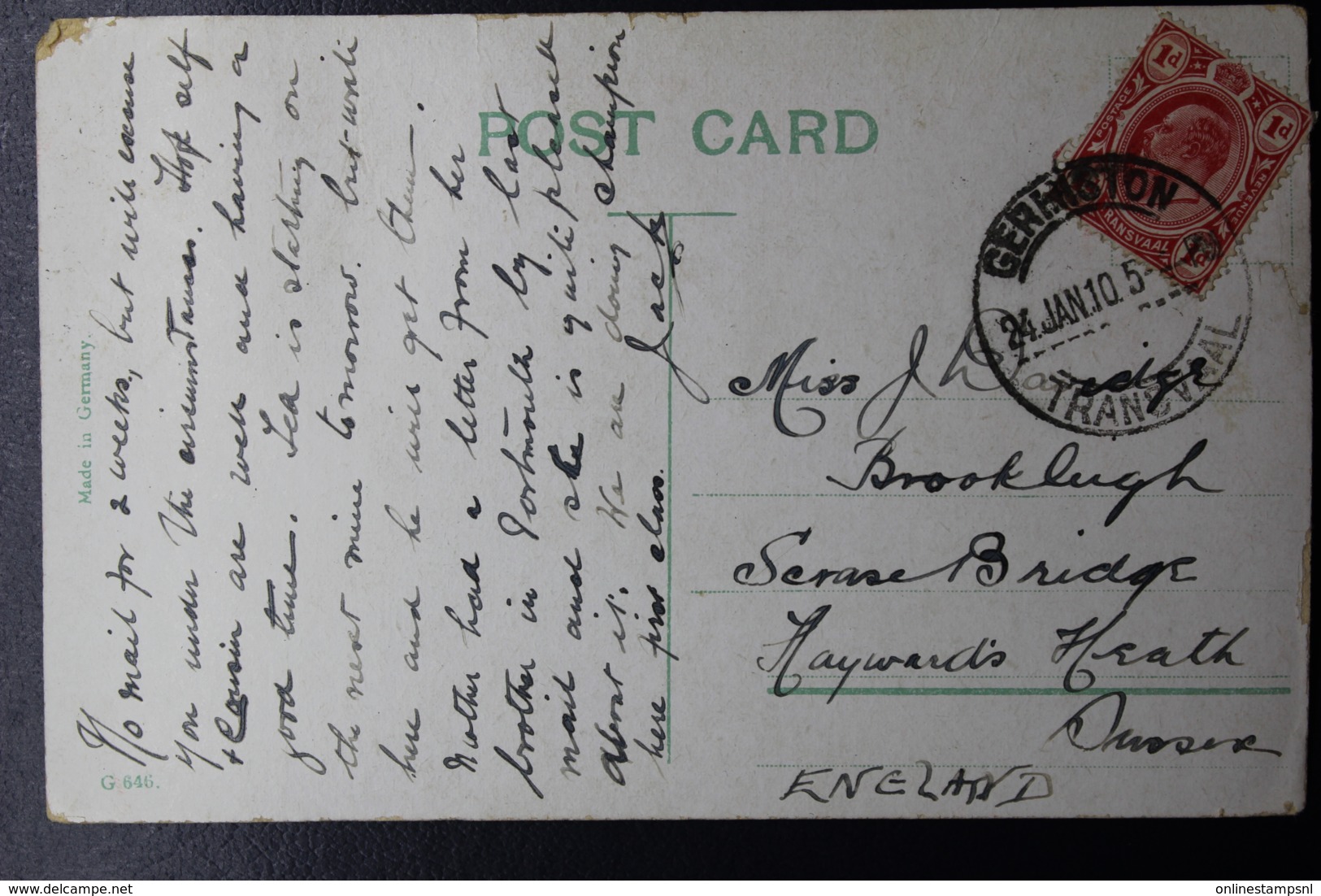 Transvaal Postcard GERMISTON -> UK  27-10-1910 - Transvaal (1870-1909)