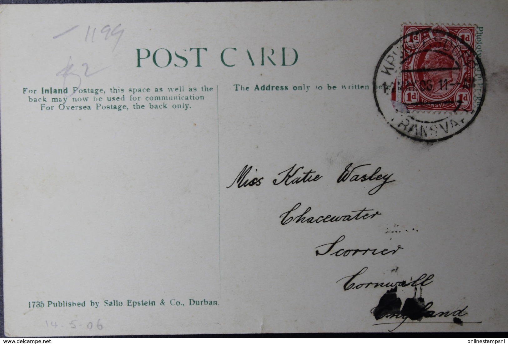 Transvaal Postcard KRUGERSDORP -> UK  14-5-1906 - Transvaal (1870-1909)