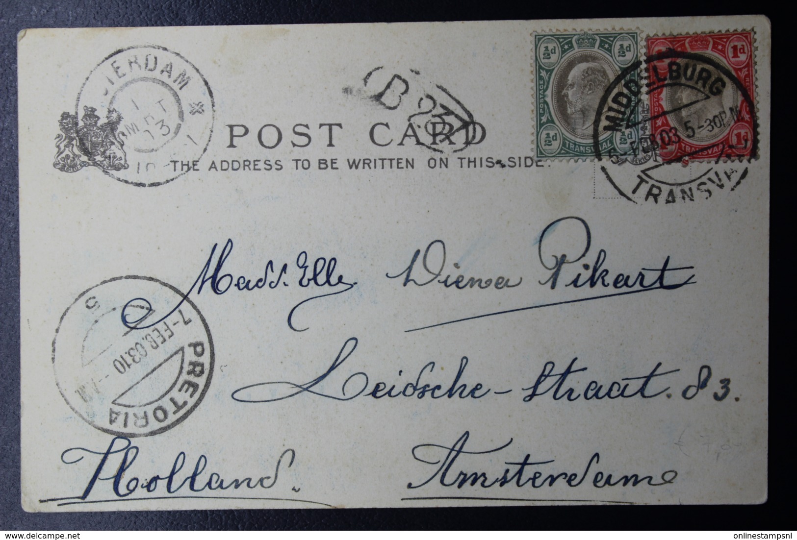 Transvaal Postcard MIDDELBURG -> PRETORIA -> AMSTERDAM 5-2-1903  Mixed Franking - Transvaal (1870-1909)