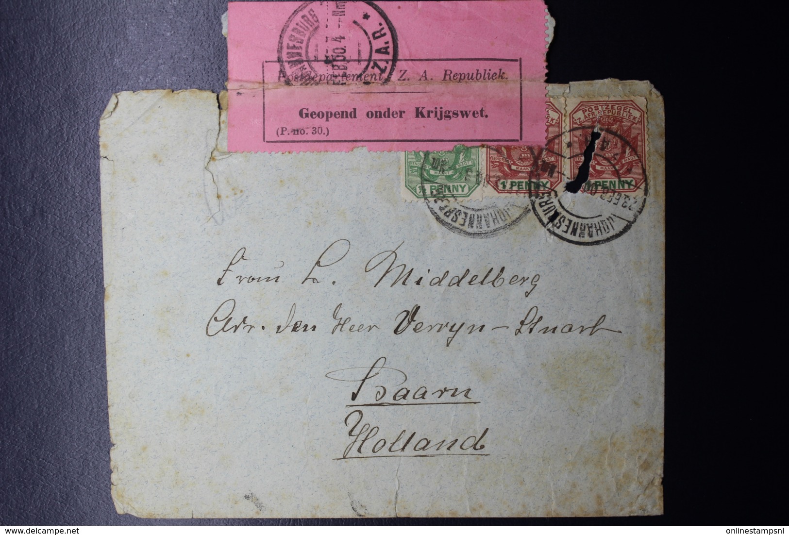 ZAR / Transvaal BOER WAR PERIOD Cover JOHANNESBURG -> BAARN HOLALND 23-2-1900 GEOPEND ONDER KRIJGSWET - Transvaal (1870-1909)