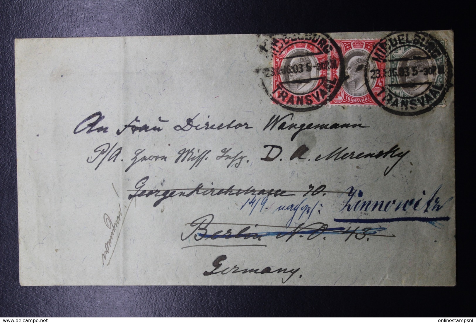 Cover MIDDELBURG -> Berlin  Pair 1 D, 23-8-1903 - Transvaal (1870-1909)