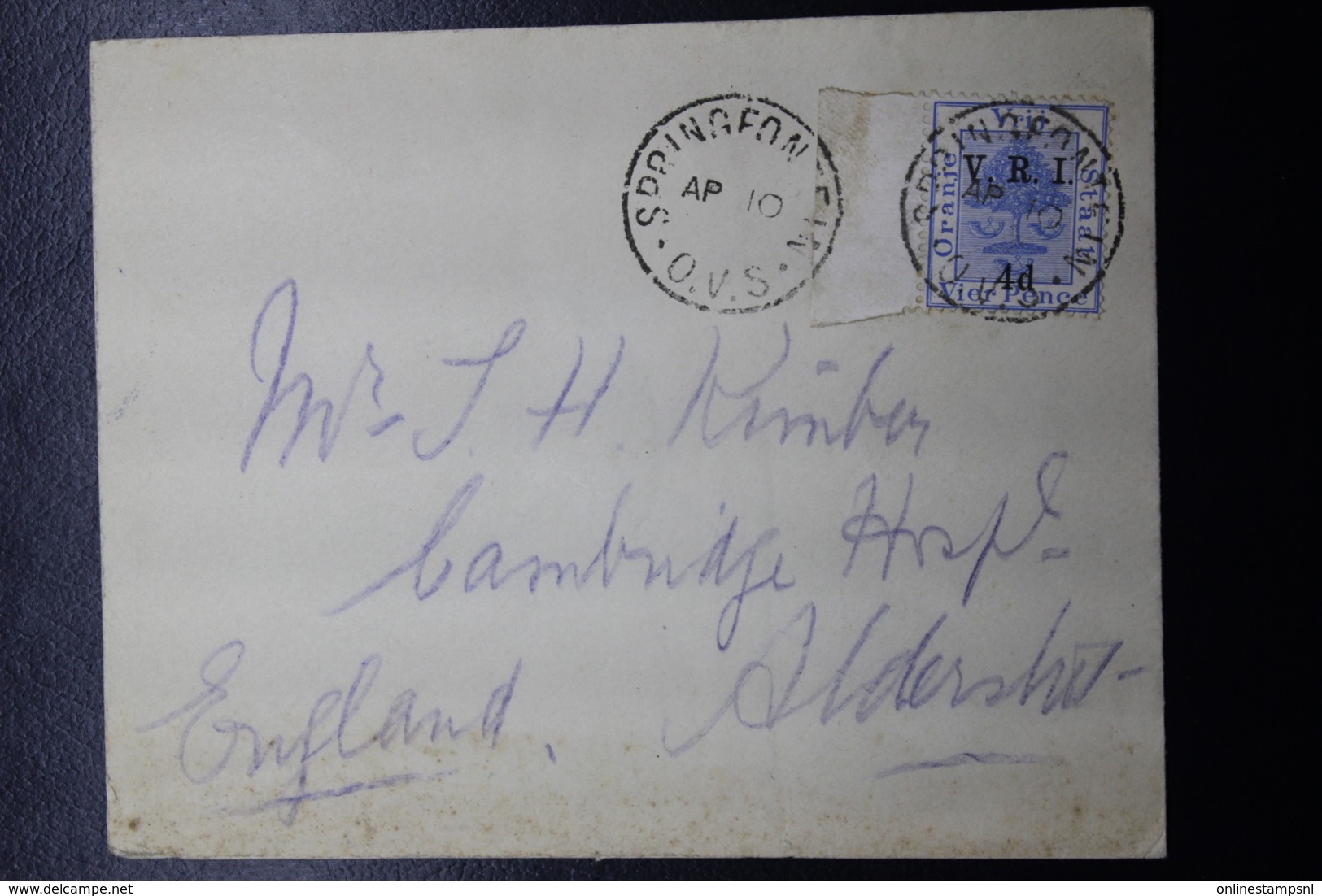 Orange Free State BOER WAR PERIOD Cover SPRINGFONTEIN -> CAMBRIDGE UK Arr. 6-5-1900 - Oranje-Freistaat (1868-1909)