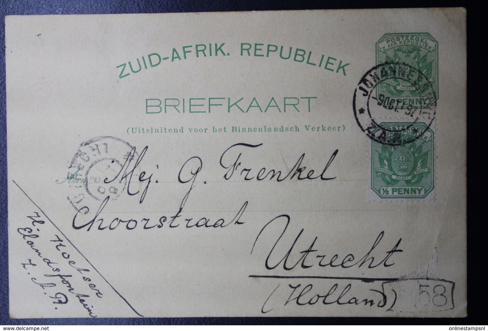 TRANSVAAL ZAR POSTCARD NR 3 / 5  JOHANNESBURG -> UTRECHT HOLLAND 9-10-1897 UPRATED - Transvaal (1870-1909)
