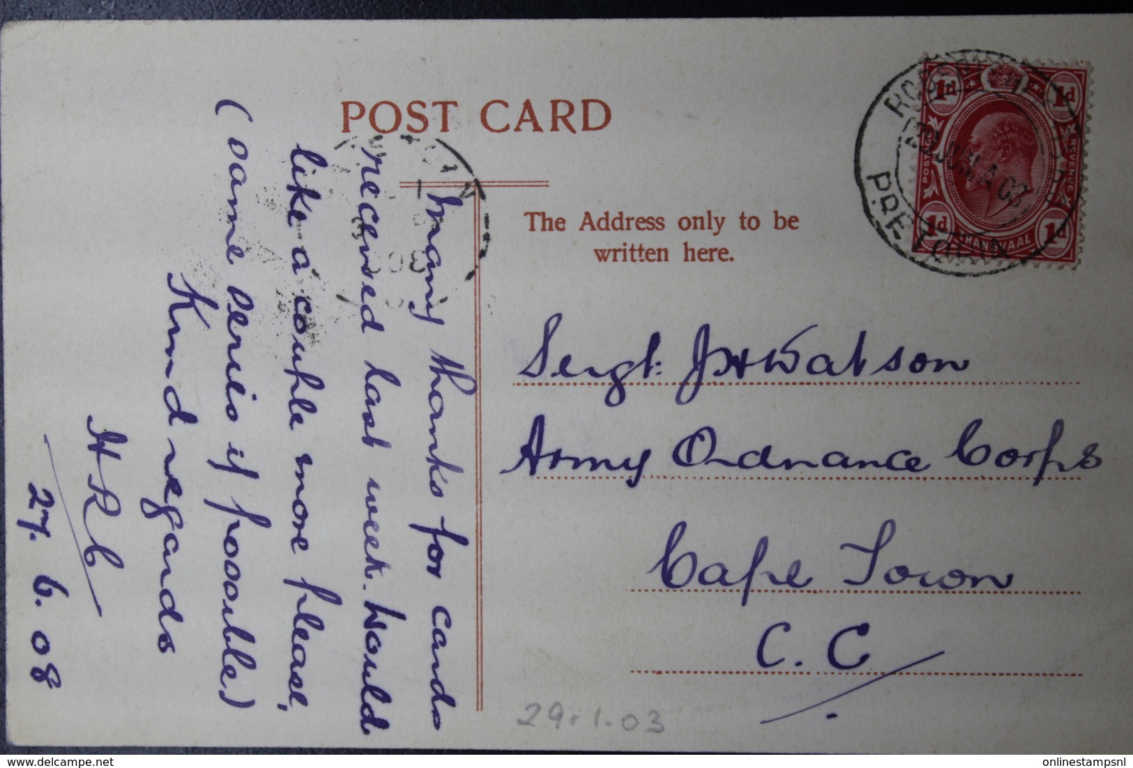 POSTCARD PRETORIA -> ARMY BASE  27-6-1908  BOOM STREET - Briefe U. Dokumente