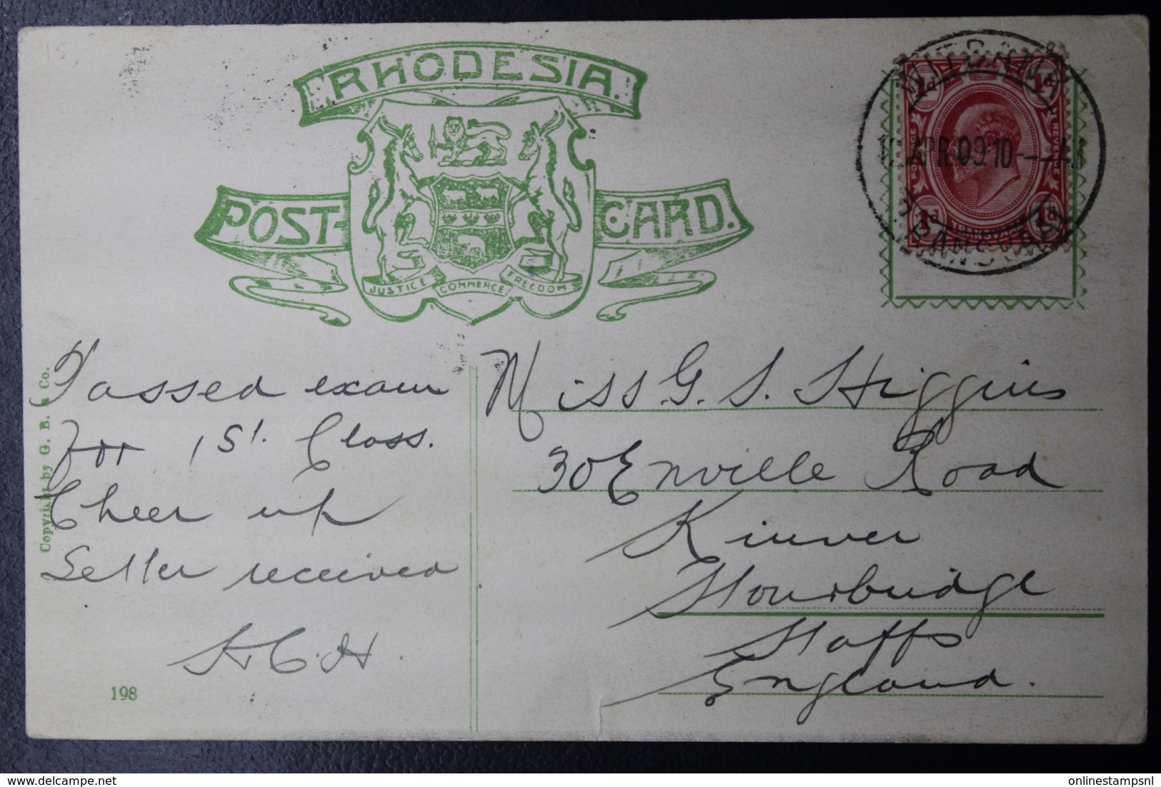 POSTCARD RHODESIA WITBANK -> UK  APRIL 1904  VICTORIA FALLS - Briefe U. Dokumente