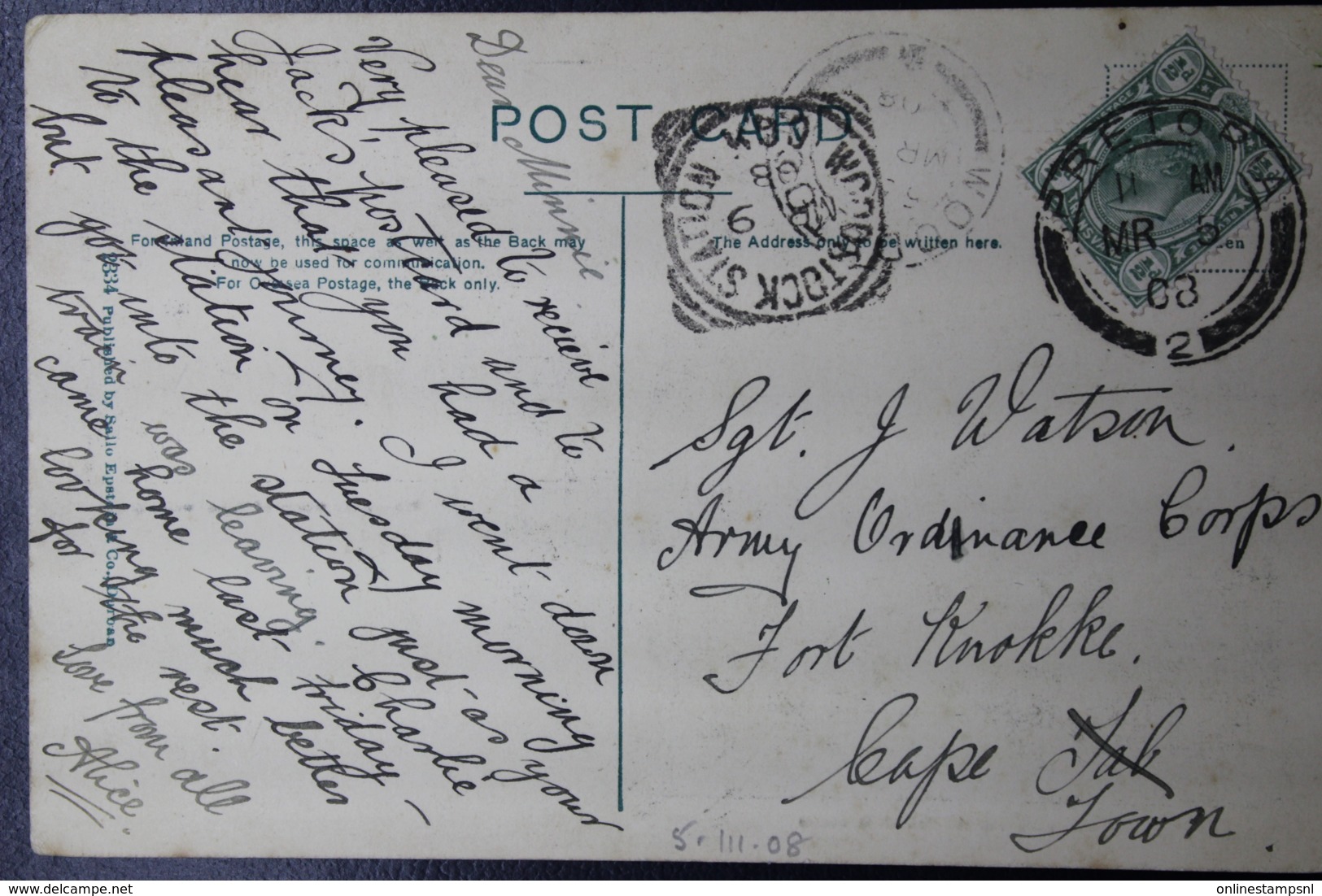 UNION POSTCARD PRETORIA -> WOODSTOCK -> CAPE TOWN 5-3-1908 - Briefe U. Dokumente