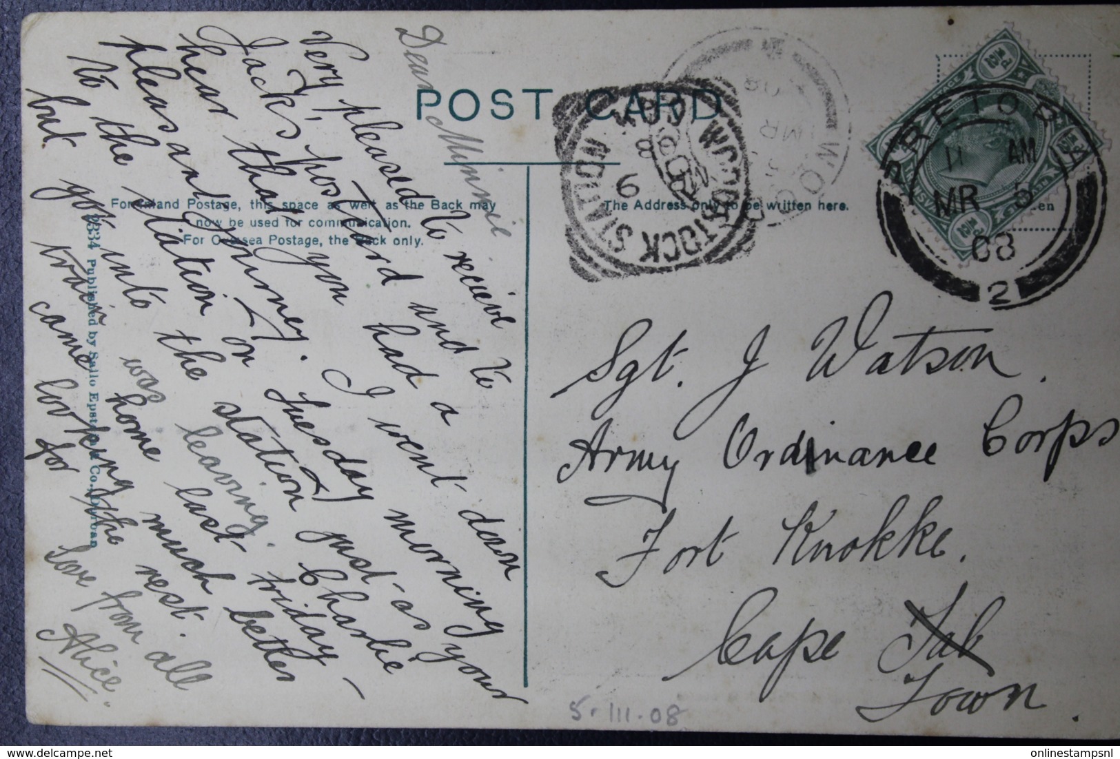 UNION POSTCARD PRETORIA -> WOODSTOCK -> CAPE TOWN 5-3-1908 - Covers & Documents