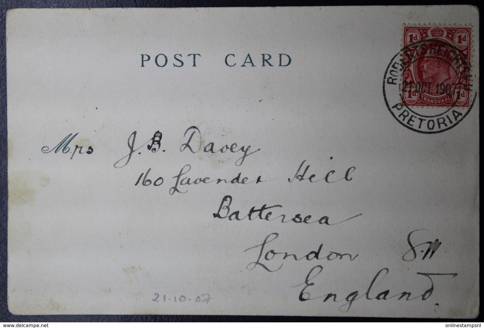 UNION POSTCARD PRETORIA -> LONDON  21-10-1907 - Lettres & Documents