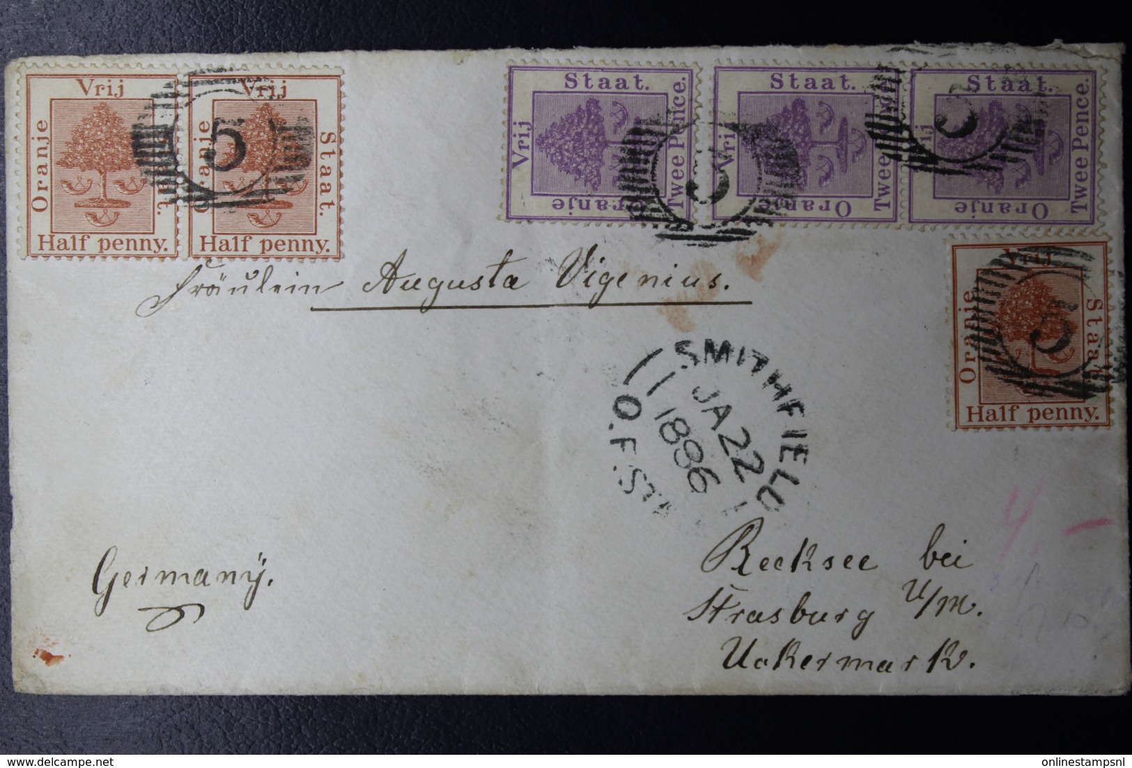 ORANGE FREE STATE COVER SMITHFIELD -> STRASBURG 3X SG 48 + 50  22-1-1886 STRIP X 2 + X 3 - Stato Libero Dell'Orange (1868-1909)