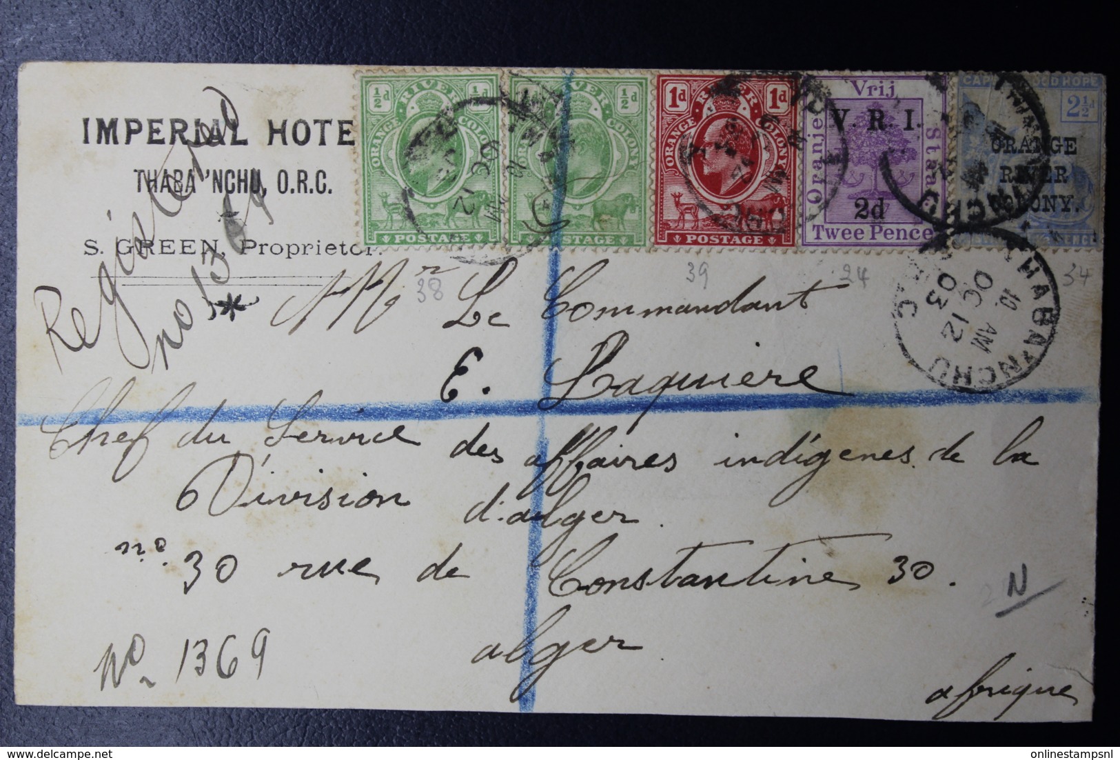 ORANGE RIVER COLONY REGISTERED COVER THABA NCHU -> ALGIERS RARE DEST 4 COLOR FRANKING - Estado Libre De Orange (1868-1909)