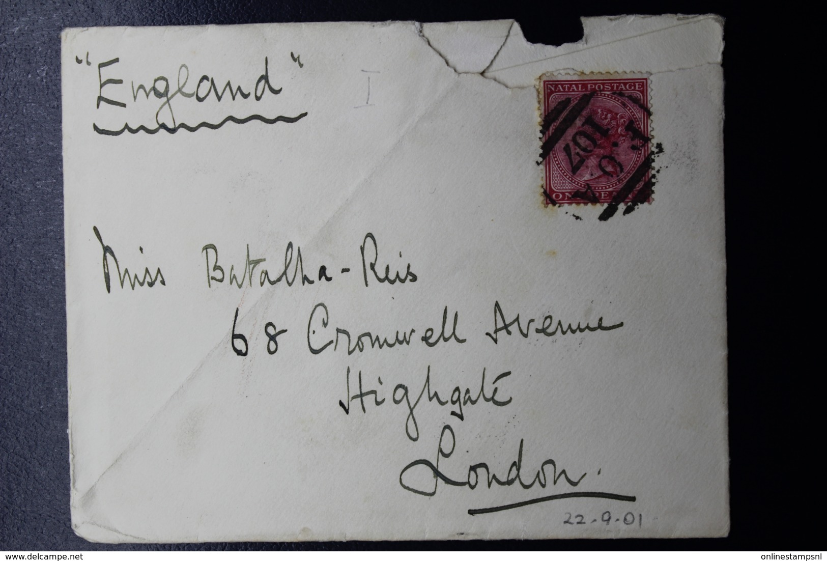 NATAL COVER  P.O.A 107 -> LADYSMOTH -> LONDON   1901 - Natal (1857-1909)