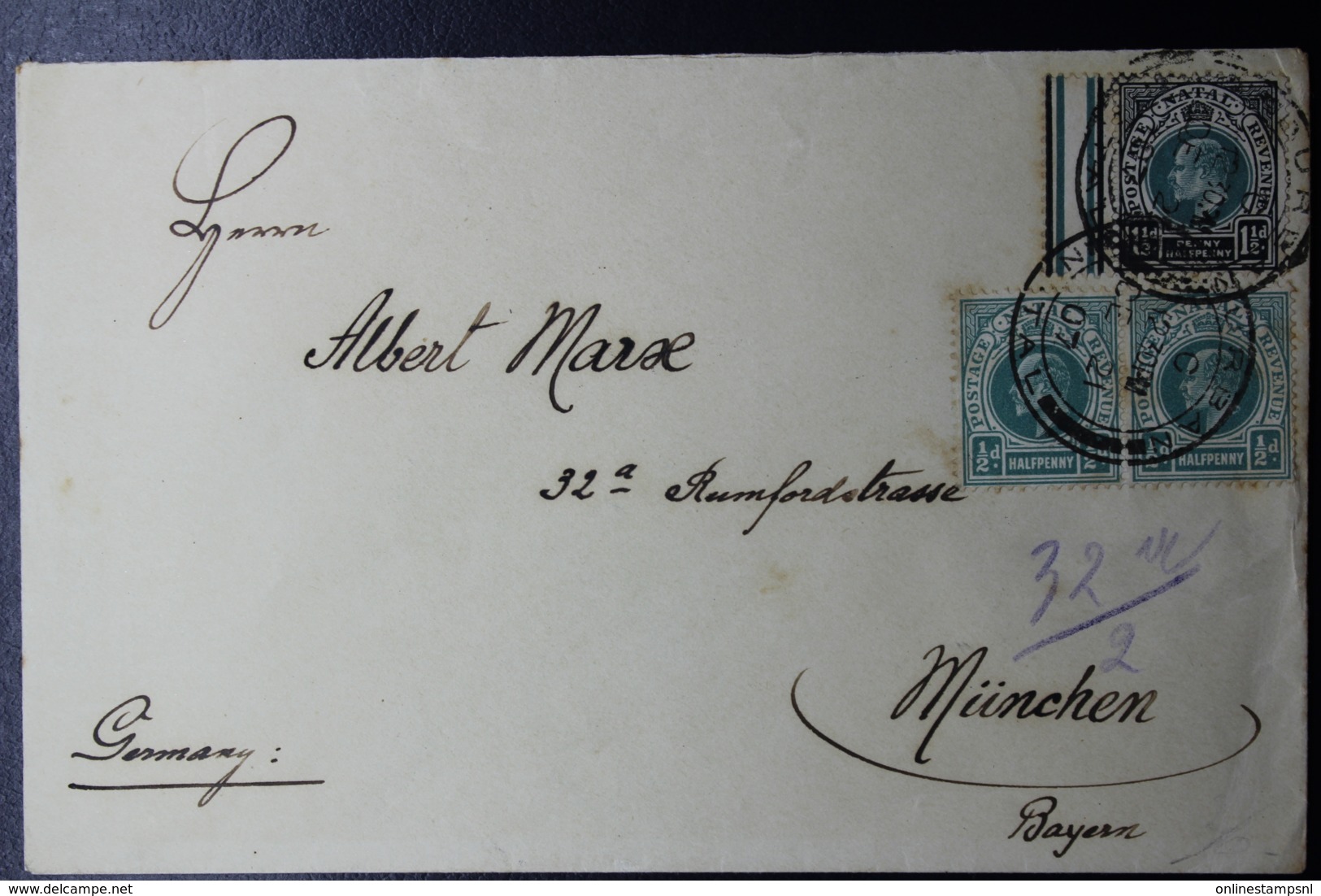 NATAL Cover DURBAN -> MÜNCHEN  2* SG 127 PAIR + SG 127 SHEET MARGIN  21-12-1907 - Natal (1857-1909)