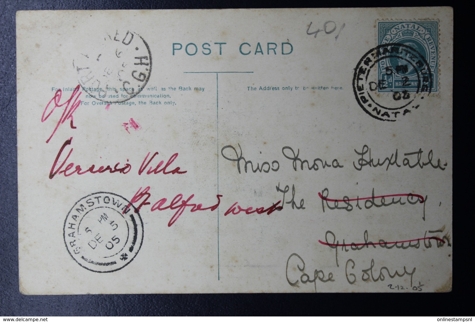 NATAL POSTCARD PIETERMARITZBURG -> GRAHAMSTOWN 15-11-1904   ESTCOURT - Natal (1857-1909)