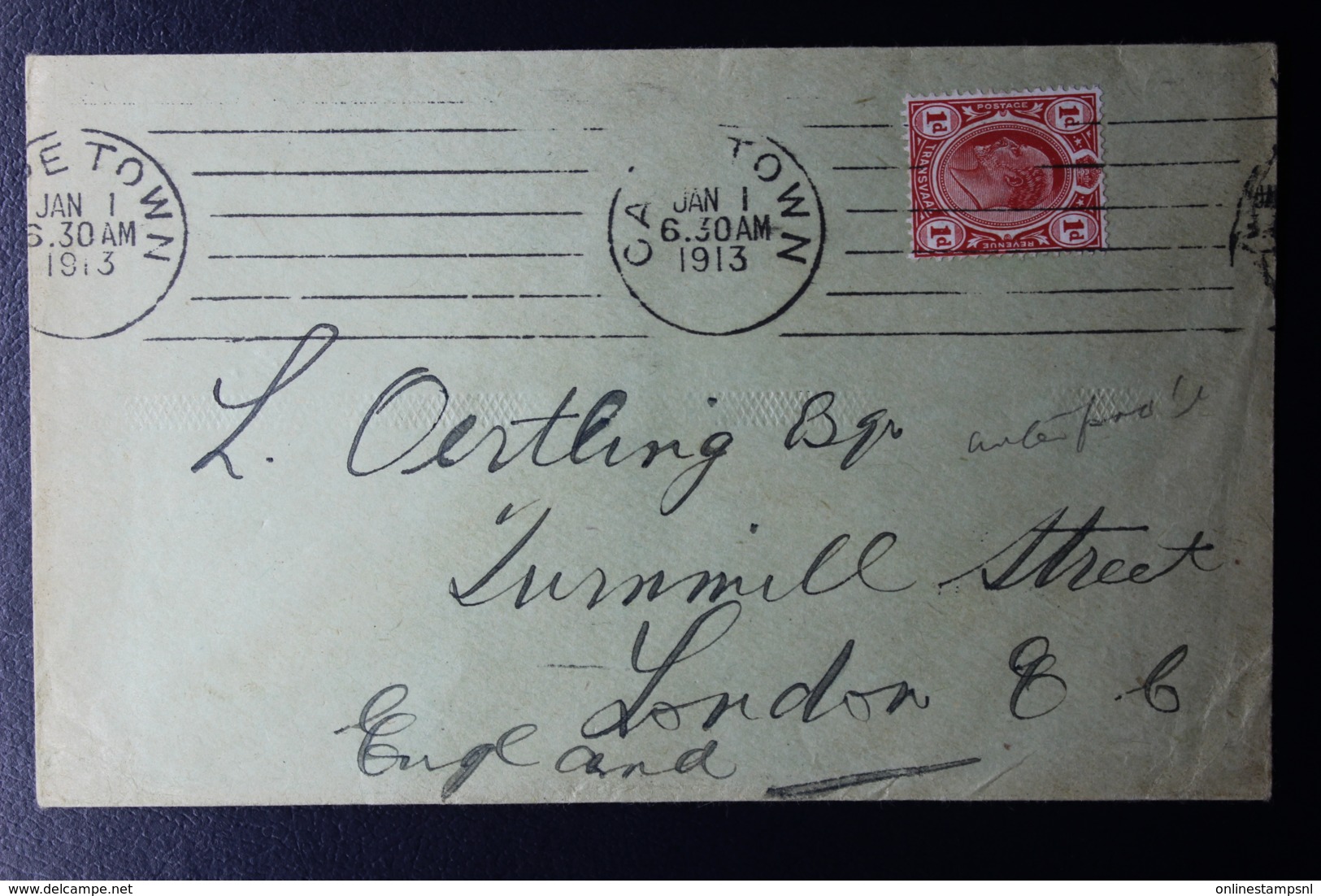 TRANSVAAL INTERPROVINCIAL PERIOD CAPE TOWN -> LONDON 1-1-1913 MACHINE CANCEL - Transvaal (1870-1909)