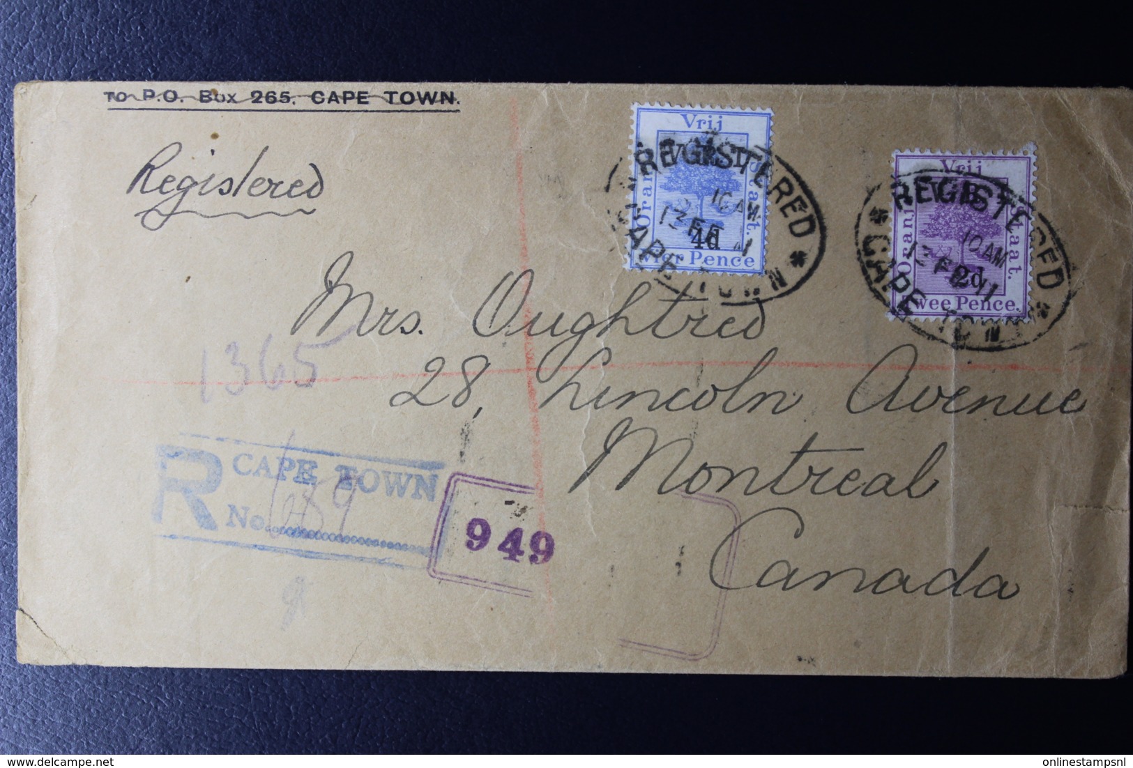 ORANGE FREE STATE INTERPROVINCIAL PERIOD REGISTERED COVER CAPE TOWN -> MONTREAL CANADA 17-2-1911 MIXED FRANKING - Stato Libero Dell'Orange (1868-1909)