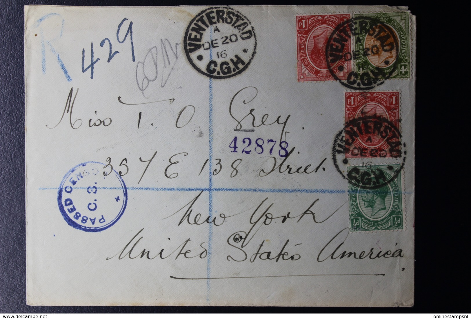 UNION REGISTERED COVER VENTERSTAD -> NEW YORK CENSORED 4-12-1916 - Brieven En Documenten