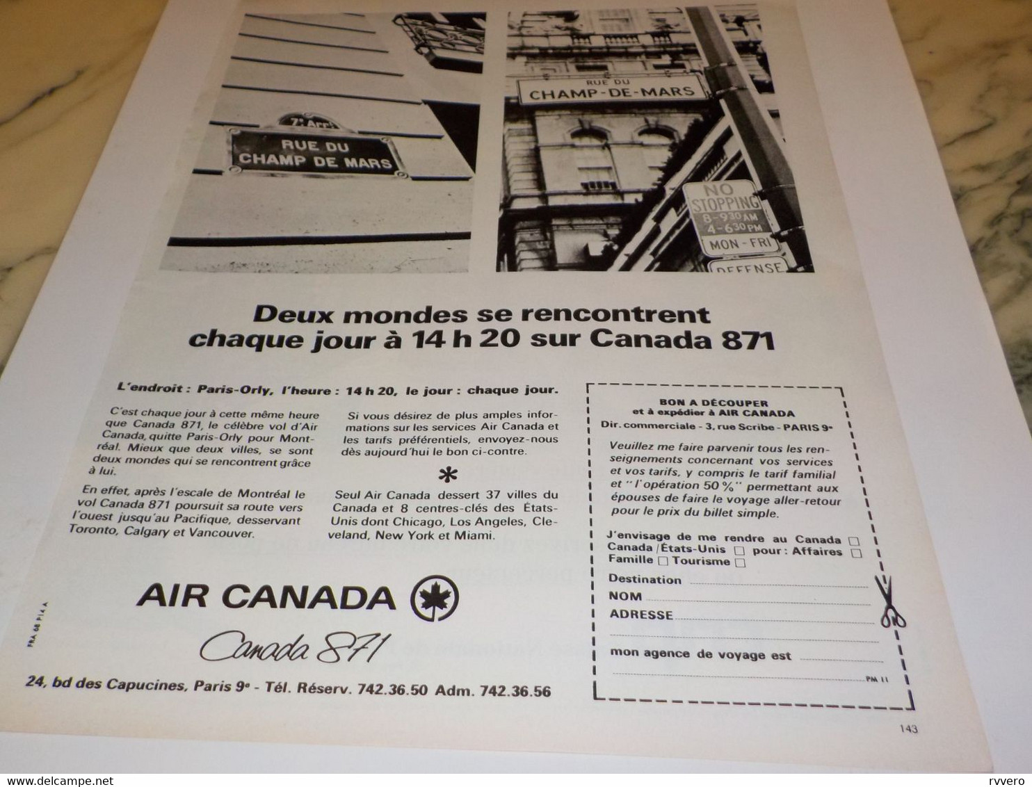 ANCIENNE PUBLICITE RUE CHAMP DE MARS  AVION AIR CANADA 1968 - Publicités