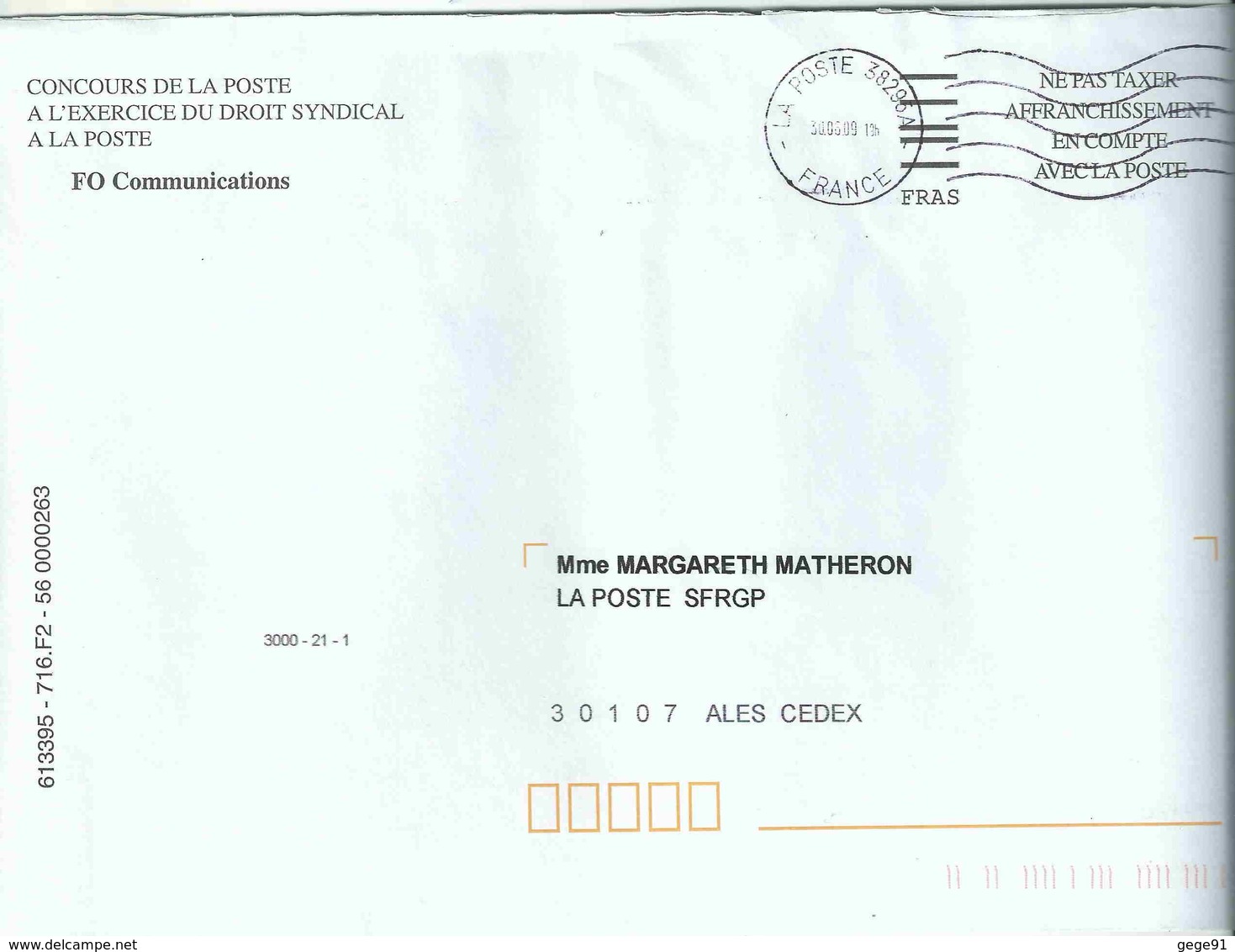 NEC De Paris Brune _ La Poste 38295A - Enveloppe Entière Avec Code FIM FRAS Pour Les Organistions Sydicales - Oblitérations Mécaniques (Autres)