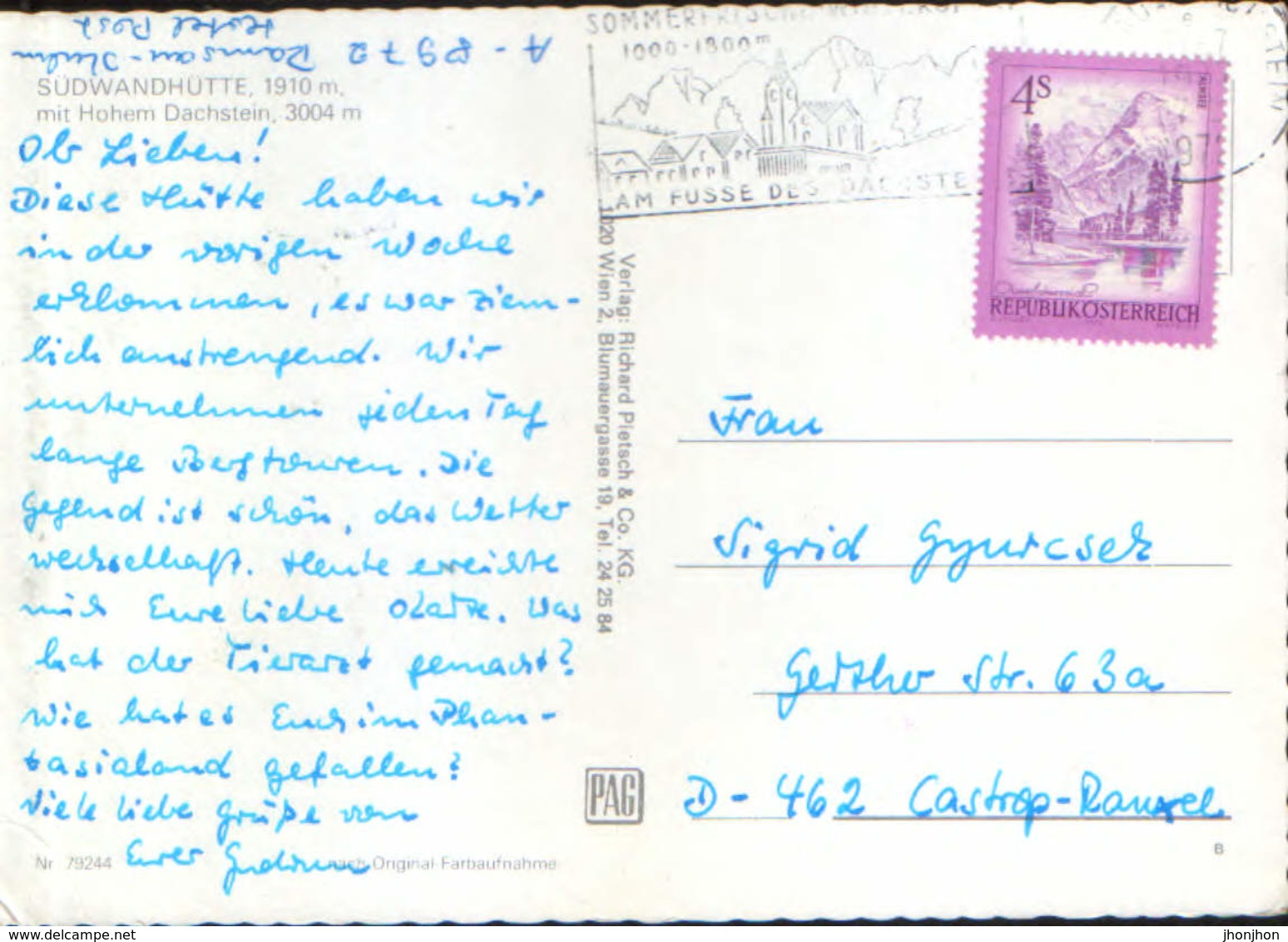 Osterreich - Postcard Circulated In 1977- Dachstein - South Wall Hut  - 2/scans - Ramsau Am Dachstein