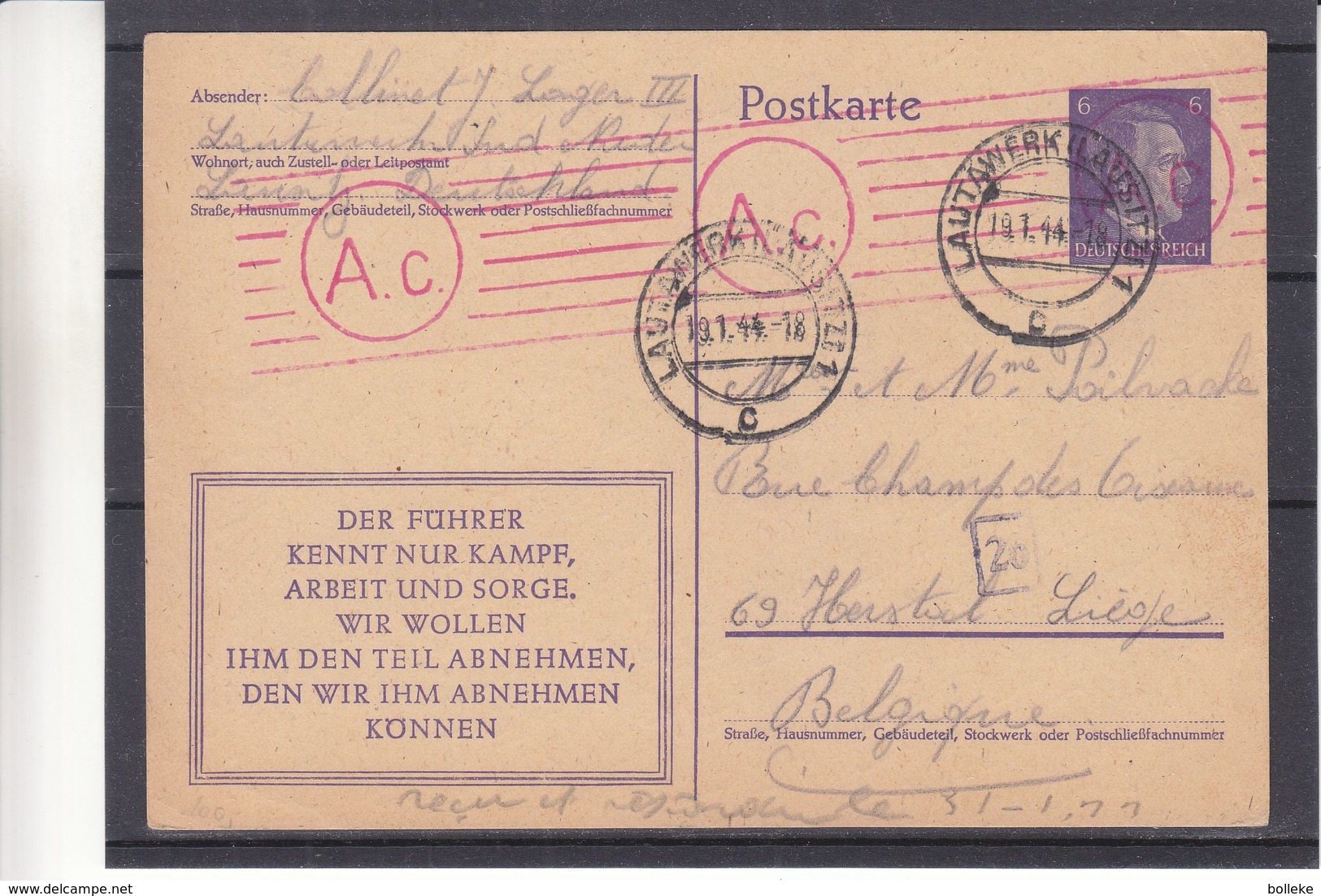 Allemagne - Empire - Carte Postale De 1944 - Entiers Postaux - Oblit Lautawerk Lausitz - Exp Vers Liège - Avec Censure - Lettres & Documents