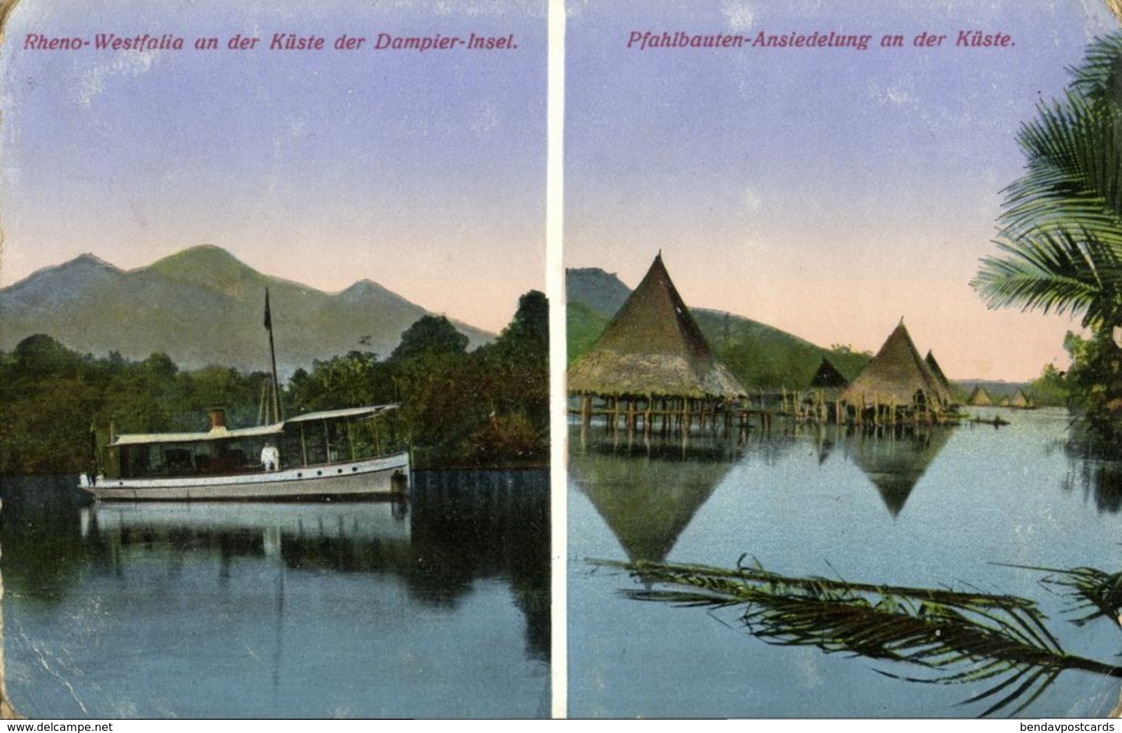 German New Guinea, Rheno-Westfalia Boat, Stilt Houses (1918) Mission Postcard - Papoea-Nieuw-Guinea