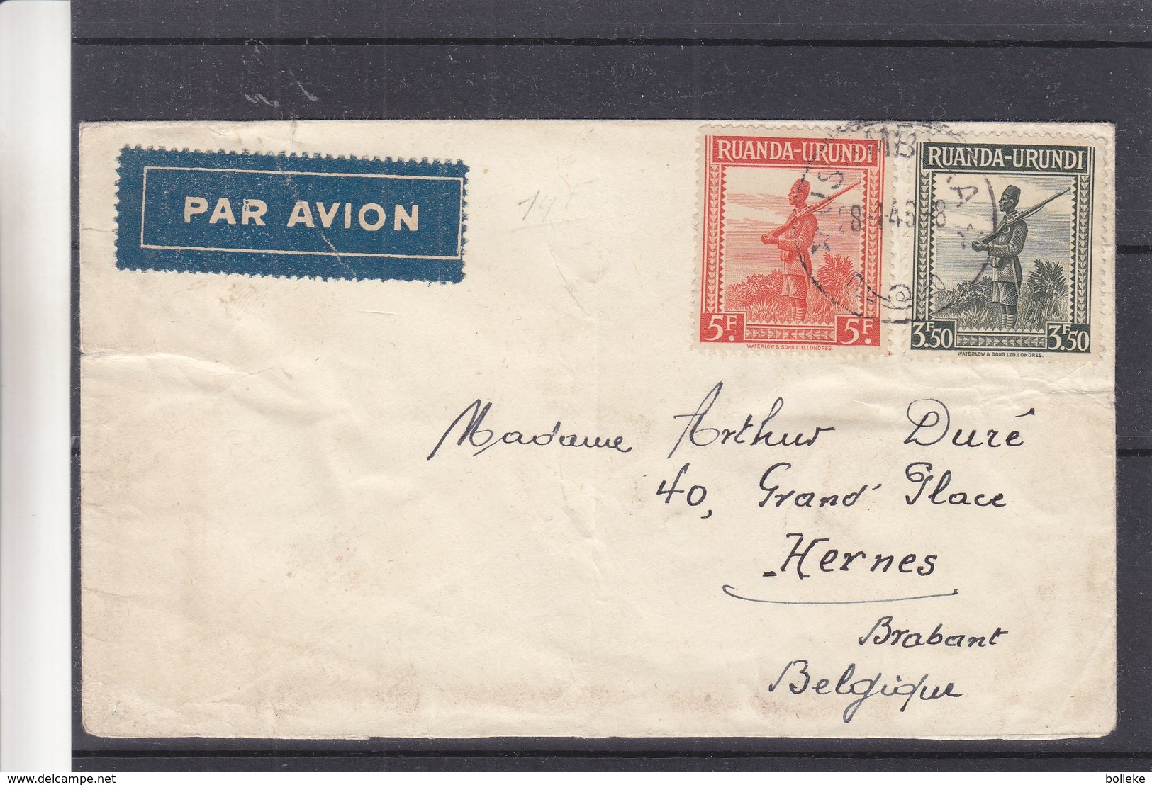 Ruanda Urundi - Lettre De 1946 - Usumbura - Exp Vers Hernes - Soldats - Fusils - Lettres & Documents