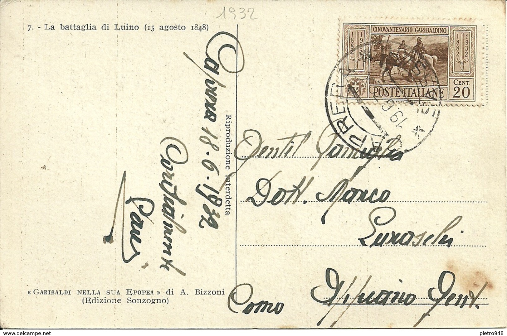 Luino (Varese) "Battaglia Di Luino", "Garibaldi Nella Sua Epopea" Ed.Sonzogno, Stamp "Cinquant. Garibaldino 20 Cent '32" - Varese