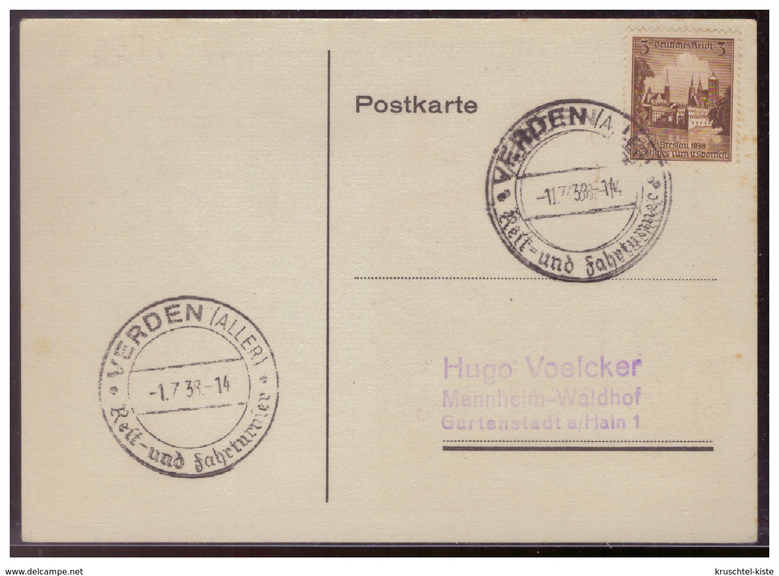 Dt- Reich (007677) Postkarte, Grosser Preis Von Deutschland, Nürburgring Am 24.7.1938, Gest. Verden Am 1.7.1938 - Briefe U. Dokumente