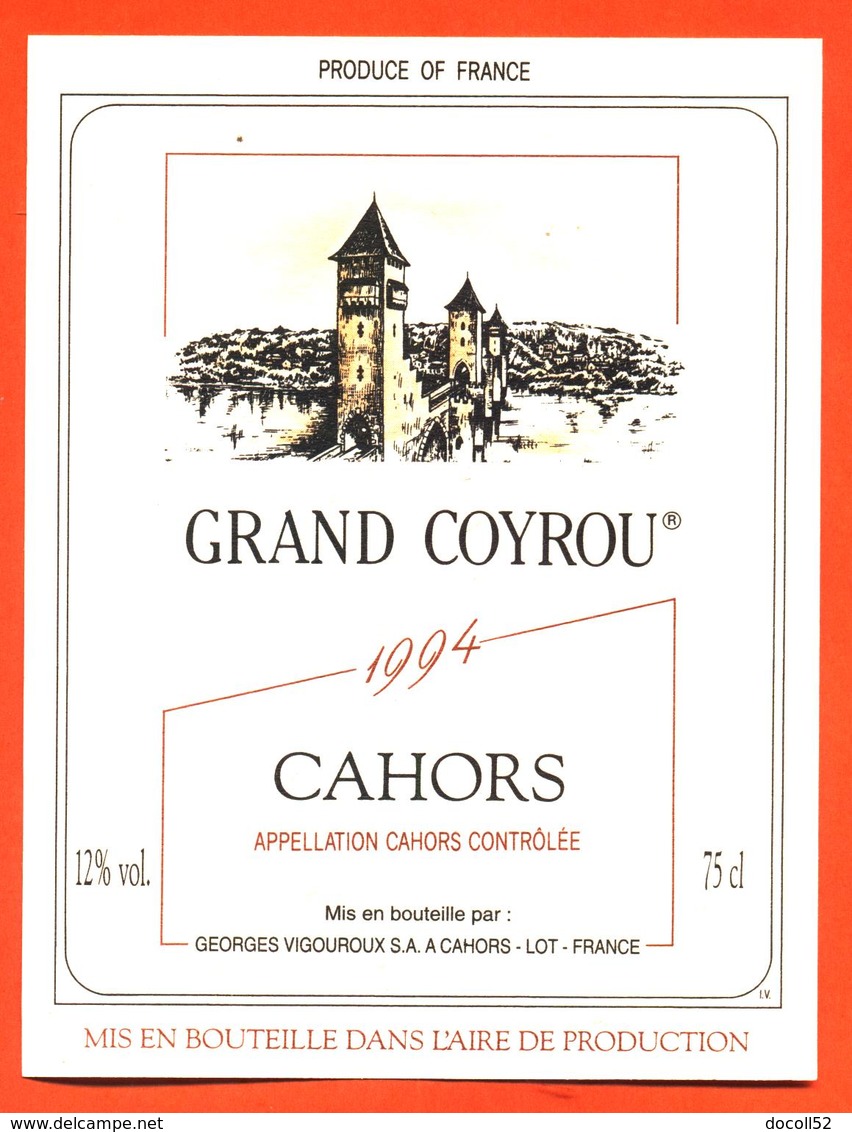 étiquette De Vin De Cahors Grand Coyrou 1994 Georges Vigouroux à Cahors - 75 Cl - Cahors