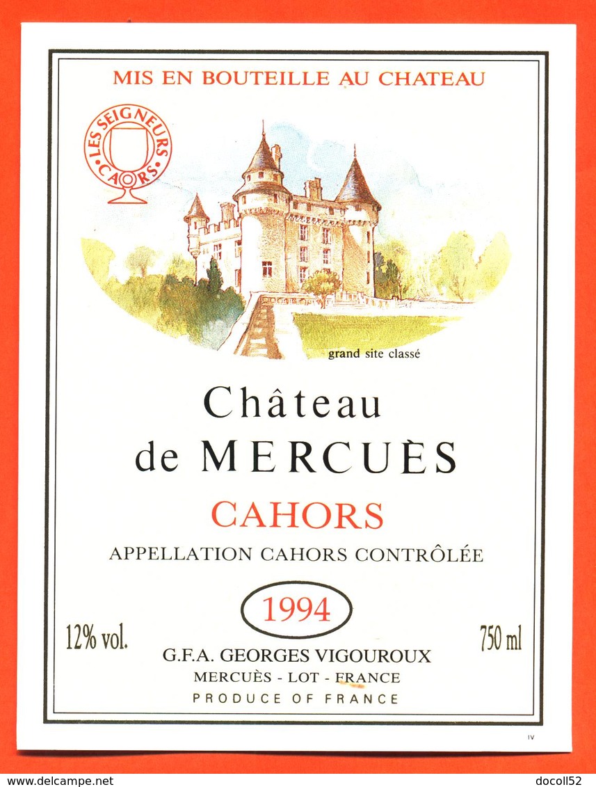 étiquette De Vin De Cahors Chateau De Mercues 1994 Georges Vigouroux à Mercues - 75 Cl - Cahors