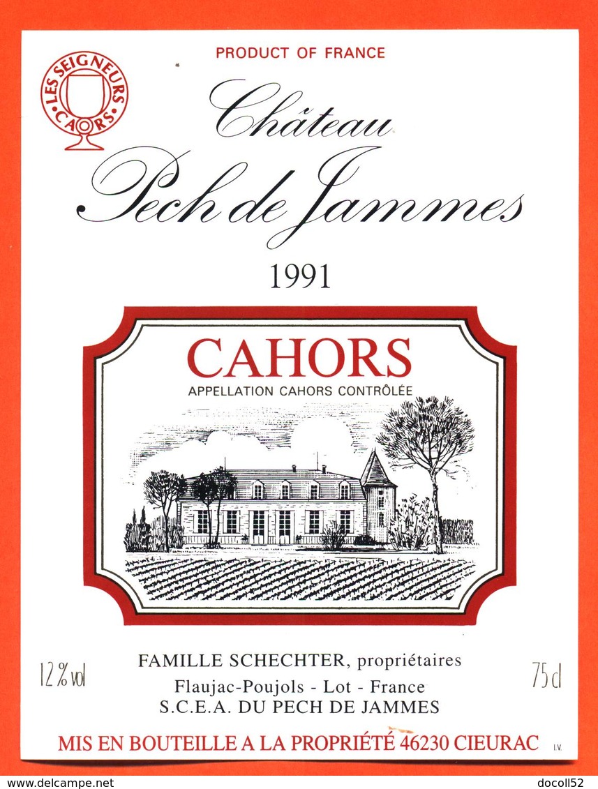 étiquette De Vin De Cahors Chateau Pech De Jammes 1991 Schechter à Pech De Jammes - 75 Cl - Cahors