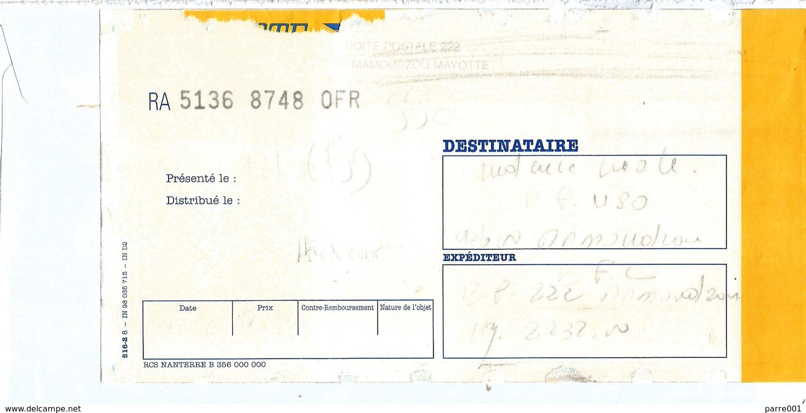 Mayotte 1999 Mamoudzou Kaweni Meter SECAP NL41546 EMA Advice Of Receipt AR Registered Domestic Cover - Storia Postale