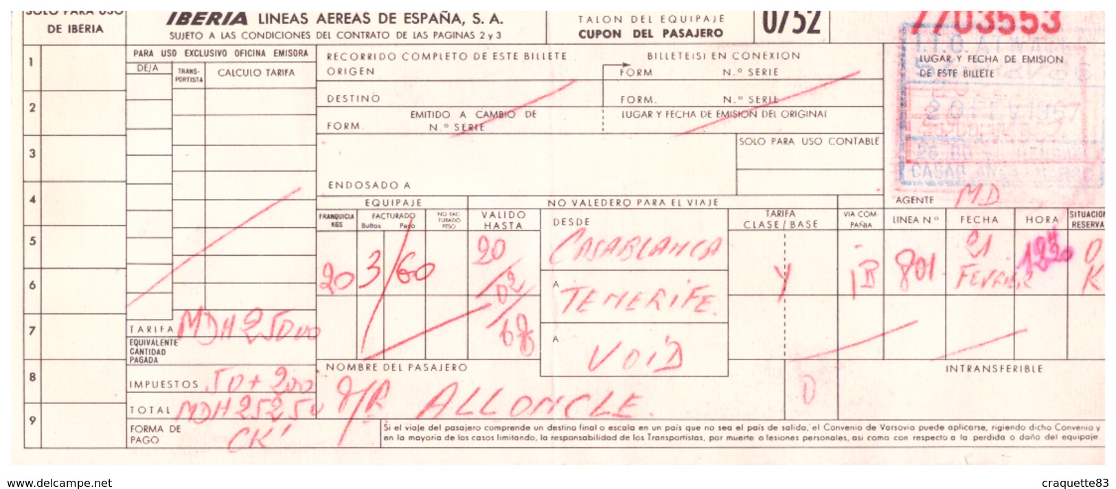 IBERIA LINEAS AERAS DE ESPAGNAS  CUPON DEL PASAJERO -CASABLANCA TENERIFE  1967  N°7703553 - Europa