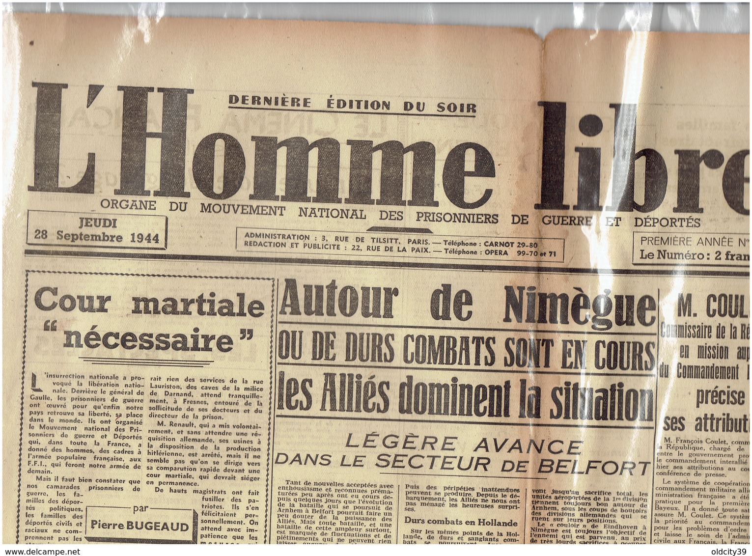 28 Septembre 1944 L Homme  Libre    Oradour Sur Glane - Autres & Non Classés