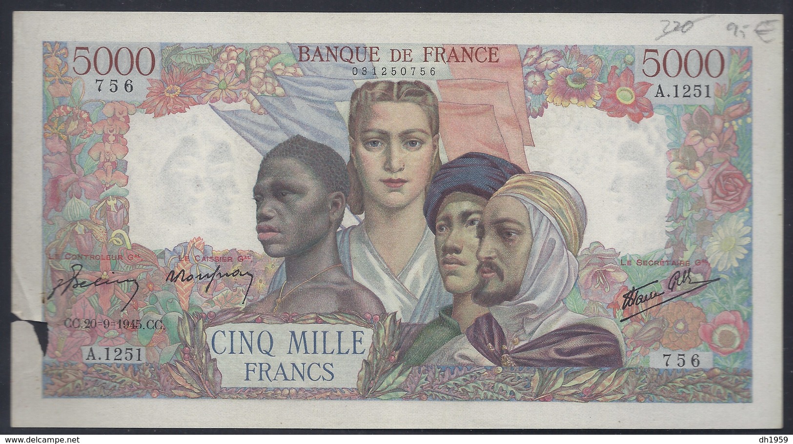 5000 FRANCS CINQ MILLES EMPIRE FRANCE BANKNOTE BILLET BANQUE GELDSCHEIN - 5 000 F 1942-1947 ''Empire Français''