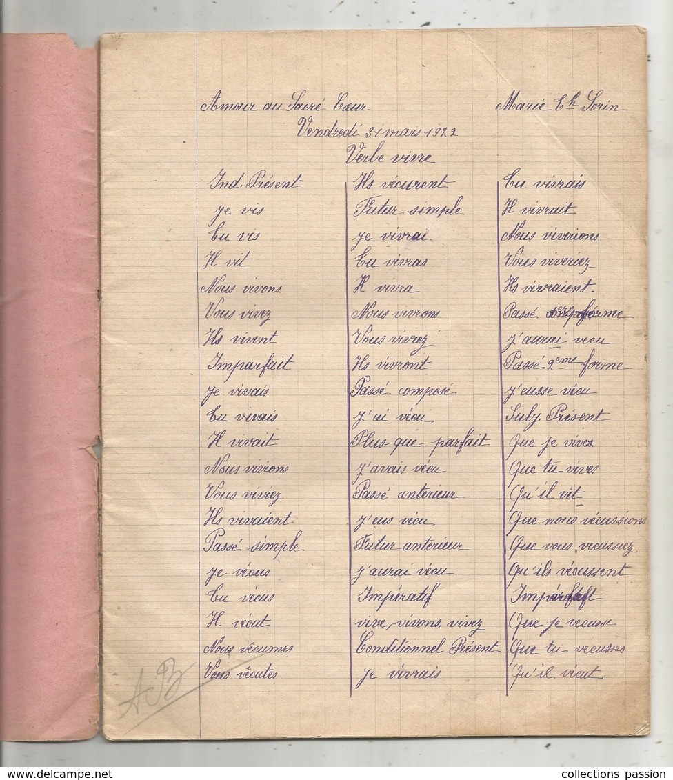 Cahier , ECOLE CHRETIENNE De Jeunes Filles, BOUFFERE, Vendée ,1922 , Ed. Médan Frères ,Nantes, 2 Scans, Frais Fr : 2.75€ - Autres & Non Classés