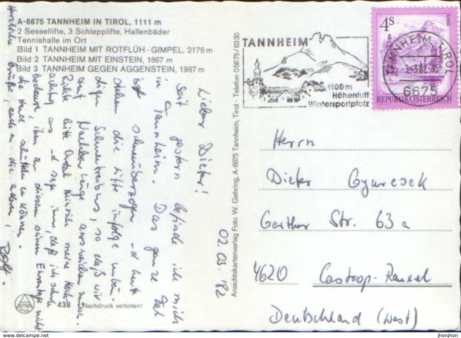 Osterreich - Postcard Circulated In 1982 -  Tannheim -  Multiviews  - 2/scans - Tannheim