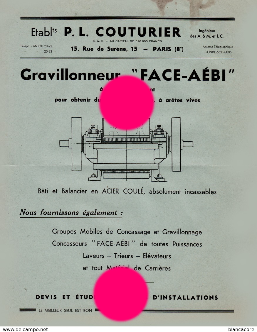 Ets P.L. COUTURIER  Rue De SURENE  PARIS 8e Vers 1930 - Publicités