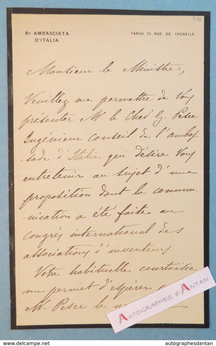 L.A.S 1900 Giuseppe TORNIELLI - Ambasciata D'italia Ambassadeur Paris Parigi - Lettre Autographe Italie Inventeur Pesee - Autres & Non Classés