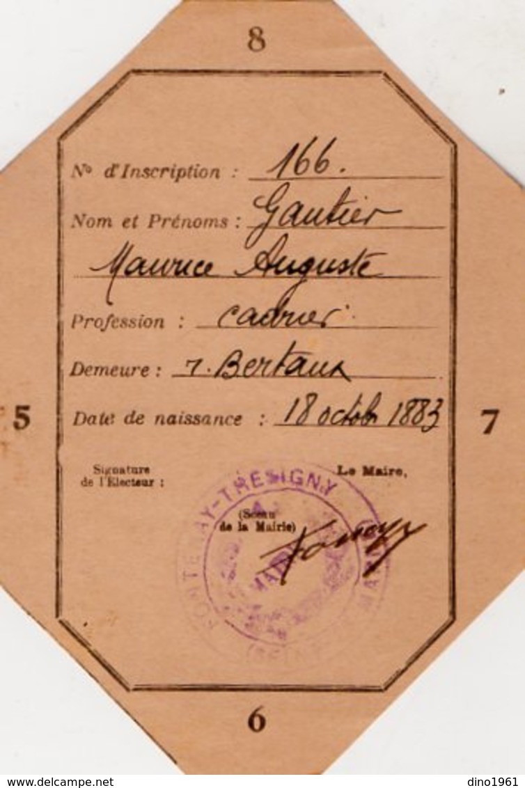 VP14.615 - FONTENAY - TRESIGNY 1937 / 38 - Carte D'Electeur De Mr Maurice - Auguste GAUTIER - Other & Unclassified