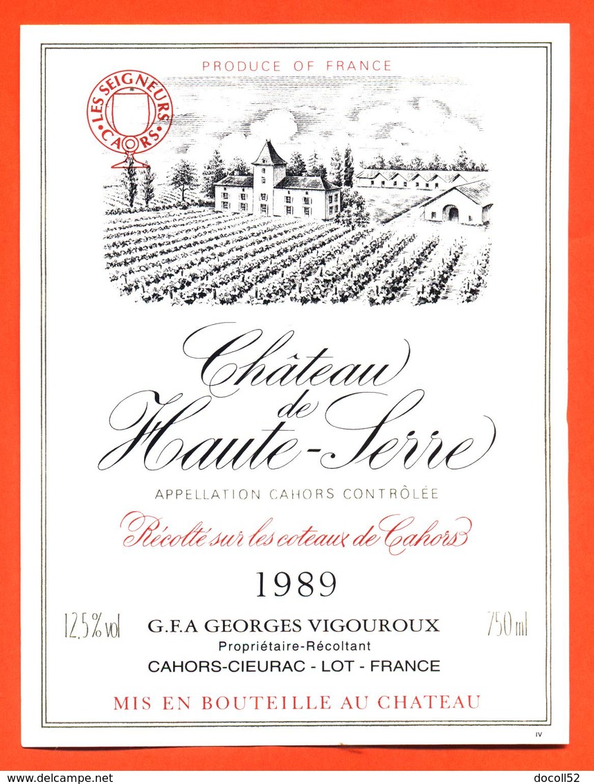 étiquette De Vin De Cahors Chateau De Haute Serre 1989 Georges Vigouroux à Cahors Cieurac - 75 Cl - Cahors